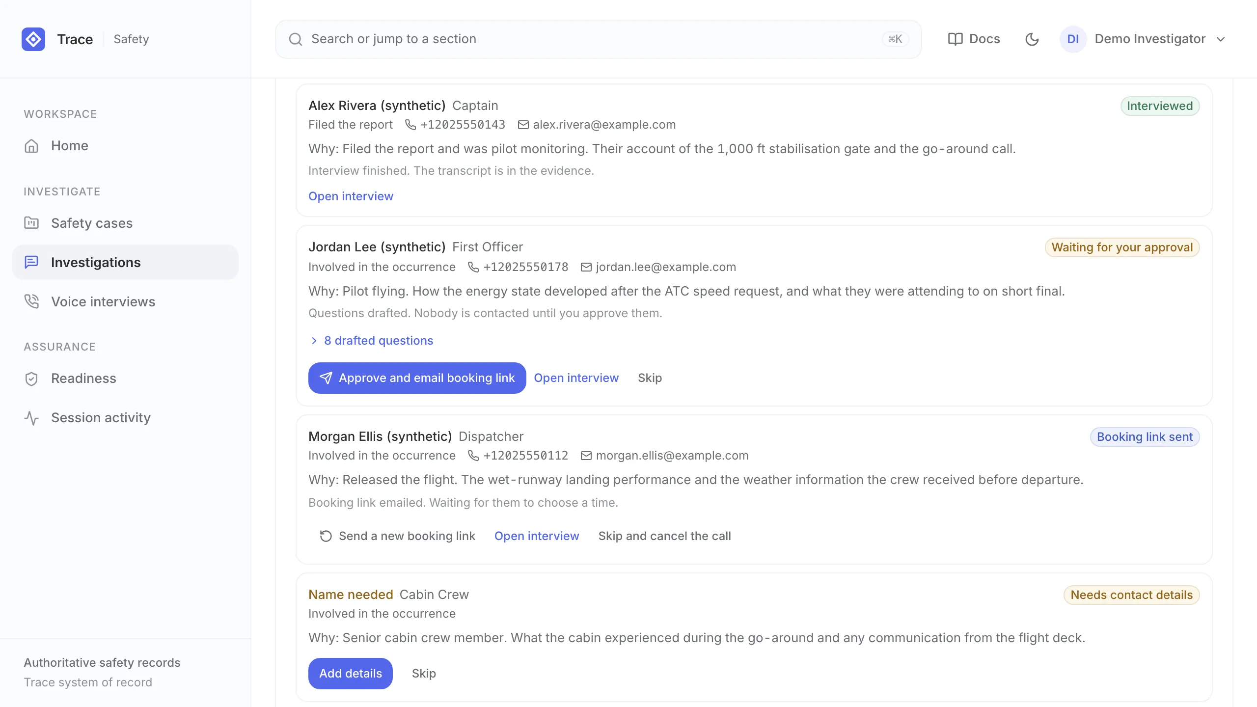 Trace AI autopilot with synthetic demonstration data: four people to interview about a go-around at the fictional Demo Field, each with the reason their account is needed and a status from interviewed to needing contact details